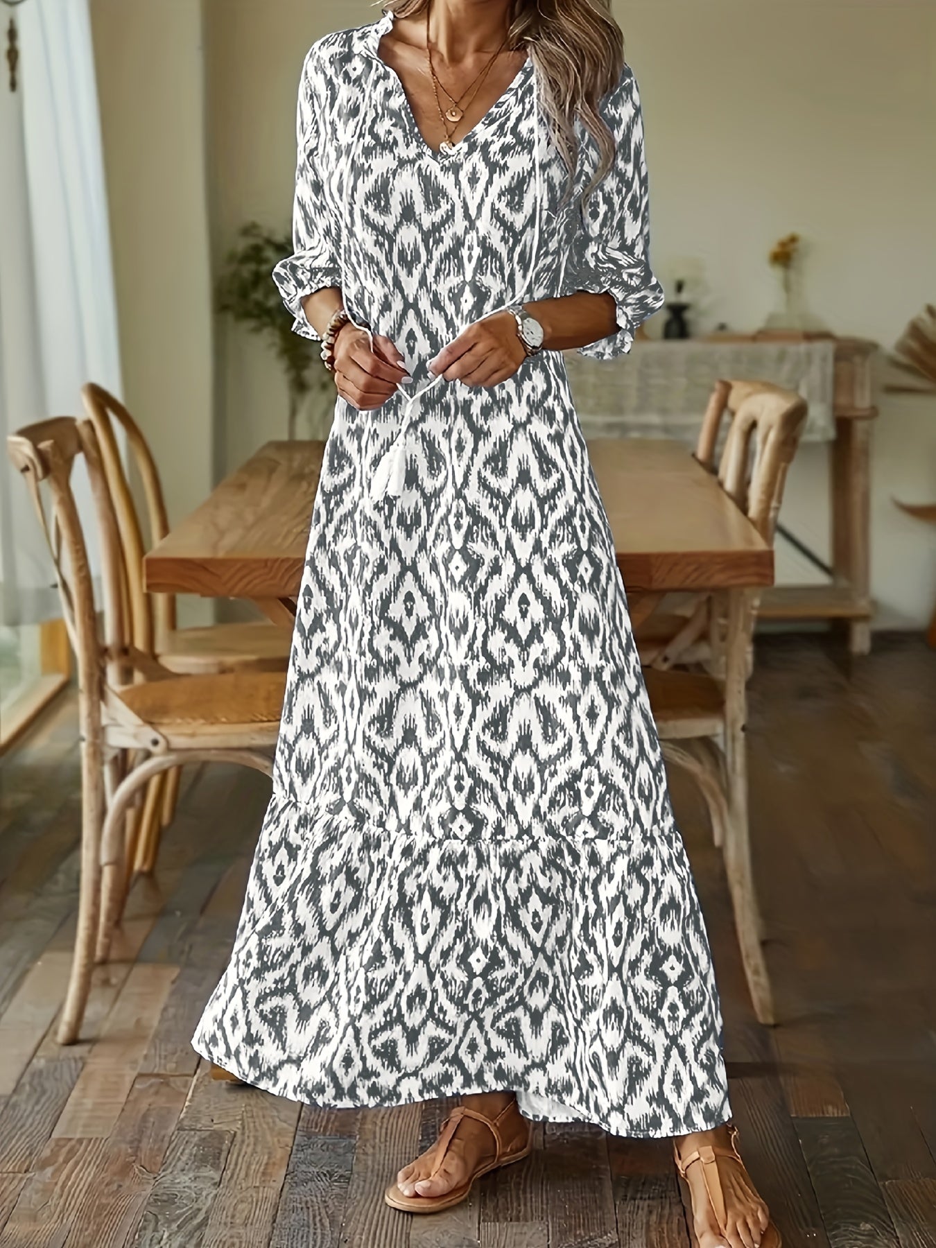 Boho Tassel V Neck Dress Half Sleeve Women's Clothing