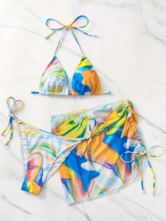 Tie Dye Bikini Set Halter V Neck Tie Side High Cut Swimsuit with Cover Up Skirt