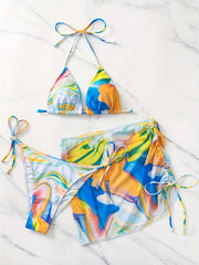 Tie Dye Bikini Set Halter V Neck Tie Side High Cut Swimsuit with Cover Up Skirt