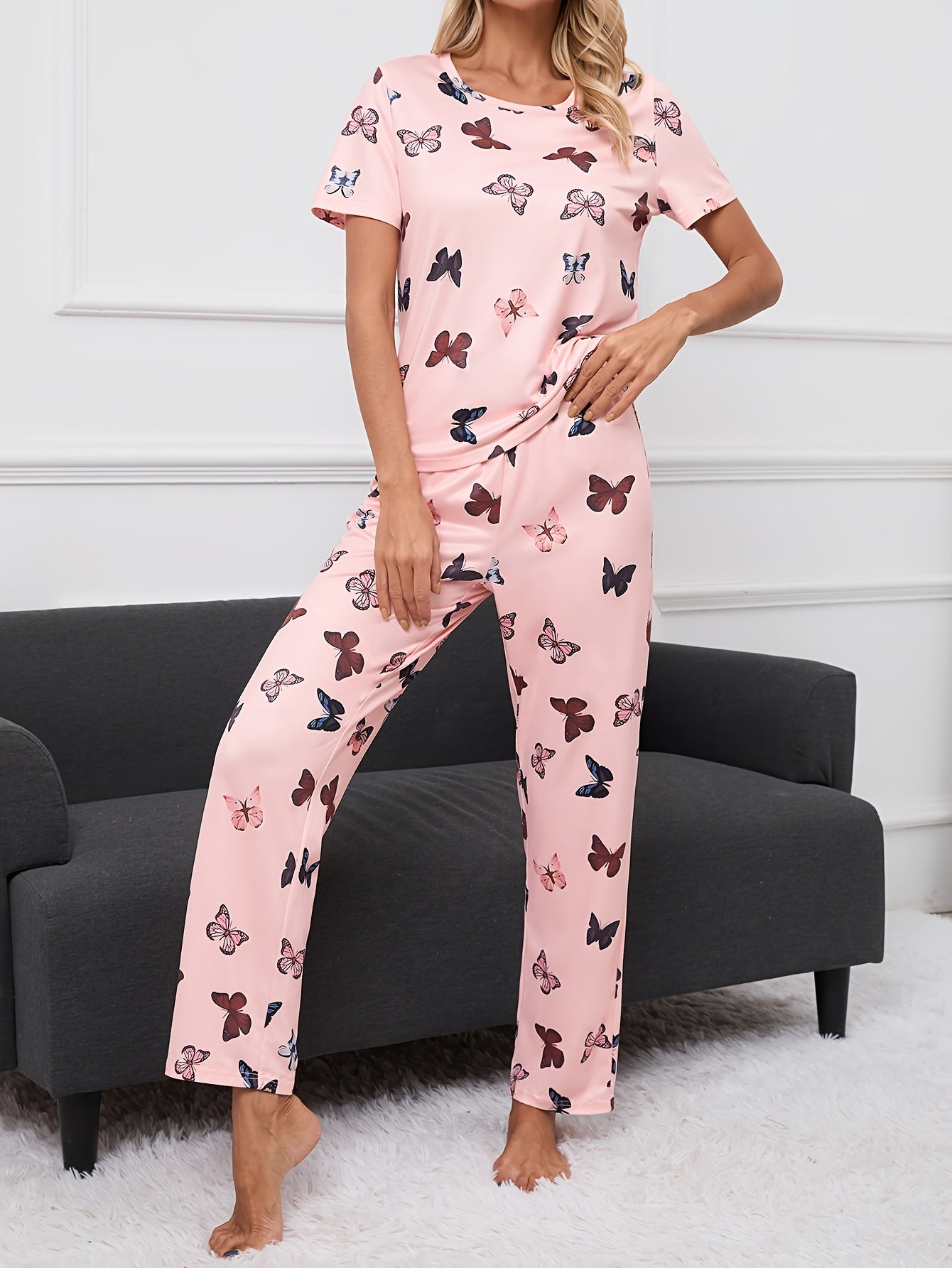 Butterfly Print Pajama Set Short Sleeve Crew Neck Top & Pants Women's Sleepwear