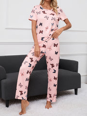 Butterfly Print Pajama Set Short Sleeve Crew Neck Top & Pants Women's Sleepwear