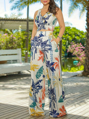 Plant Print Two Piece Set Sleeveless Top & Wide Leg Pants