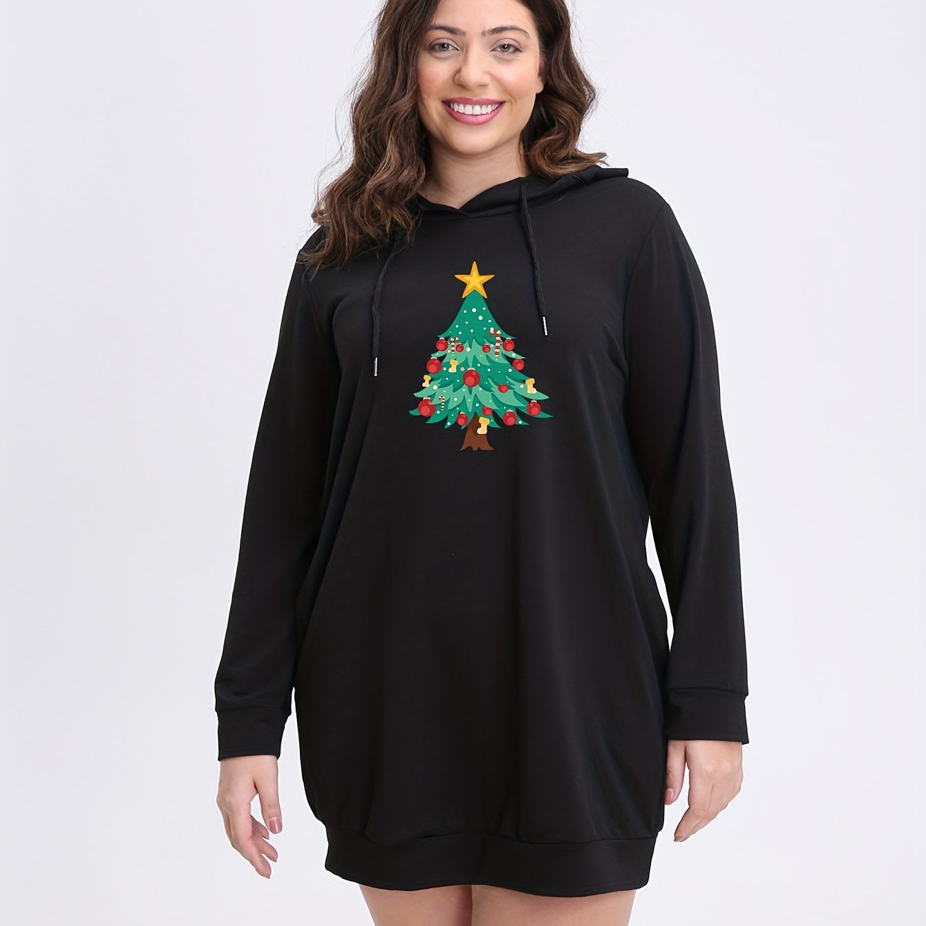  Christmas Casual Dress Women's Plus Tree Print Hooded Sweatshirt Dress