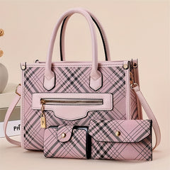 3pcs Classic Plaid Handbag Set Large Capacity Shoulder Bag