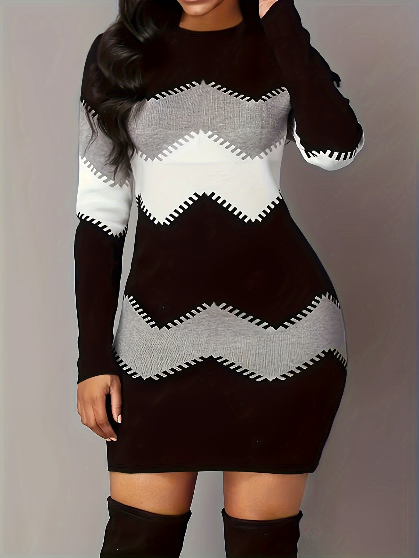  Colorblock Stripe Long Sleeve Mini Dress