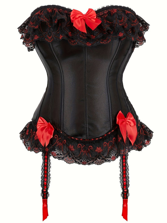 Lace Trim Strapless Corset Bustier Tummy Control Lace Up Slimmer Bow Body Shaper