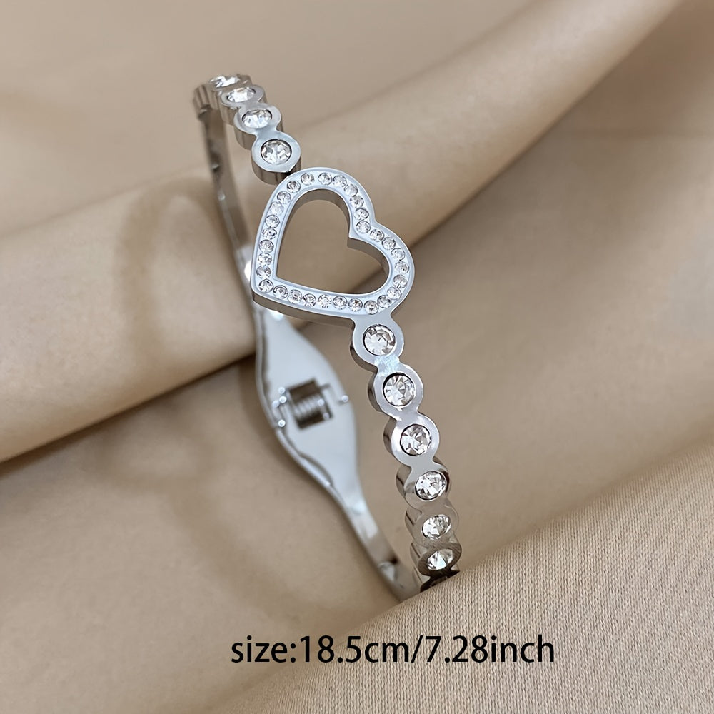 Stainless Steel Cuff Bracelet with Heart Rhinestone Charm