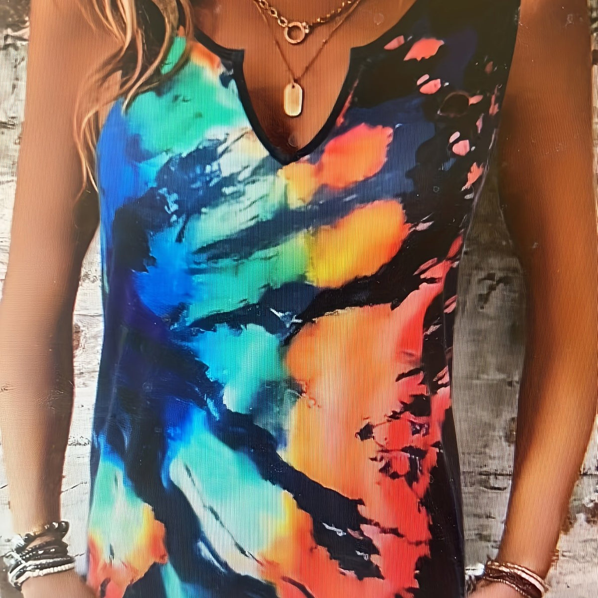  Tie Dye Tank Top Notched Neck Slight Stretch