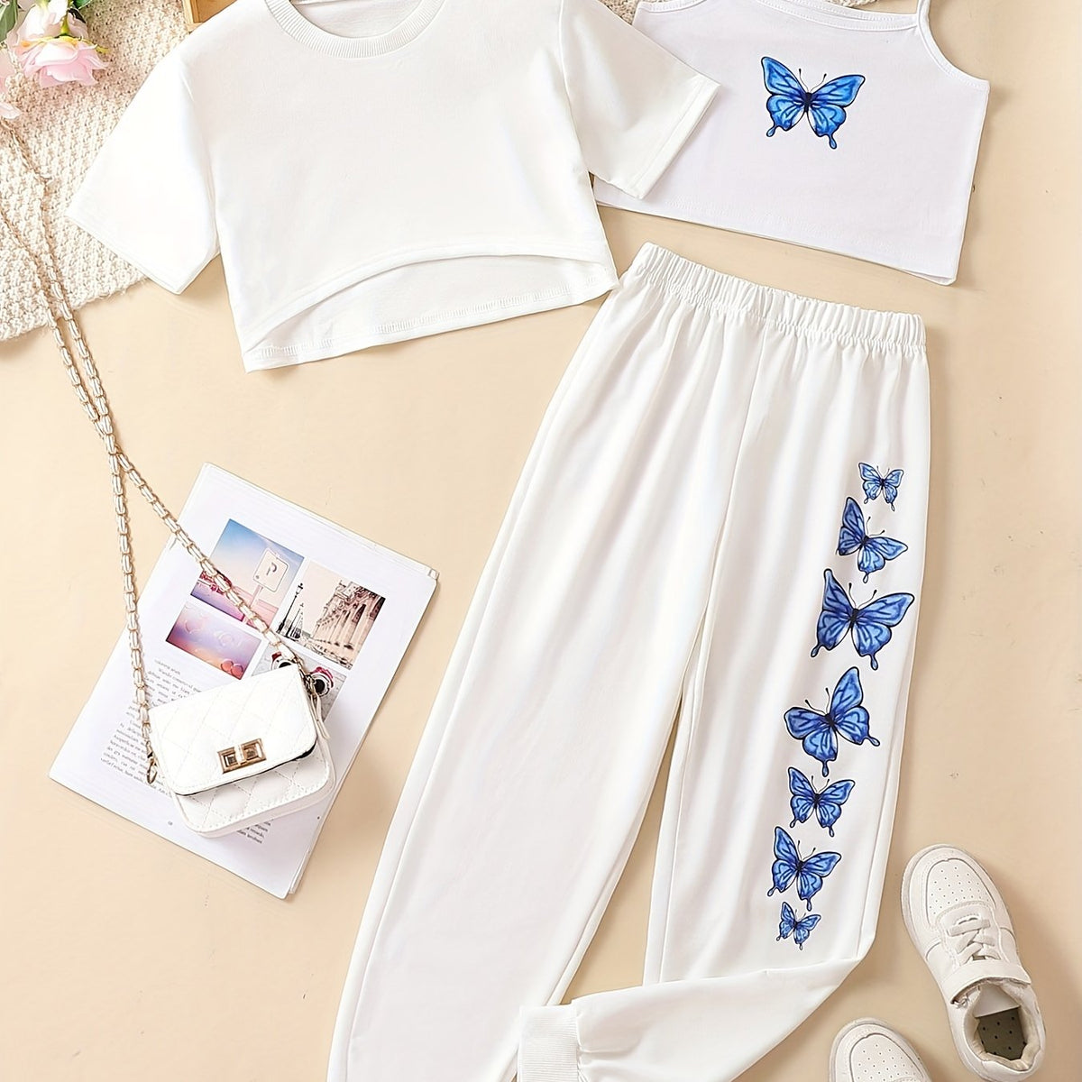 Girls' Butterfly Graphic Casual Suit 3pcs Set