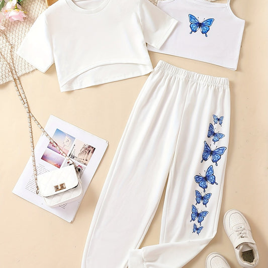 Girls' Butterfly Graphic Casual Suit 3pcs Set