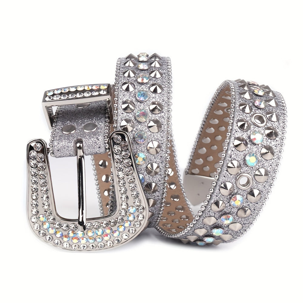Men's Spike Rhinestone PU Leather Belt Western Cowboy Punk Rivet Studded Belt