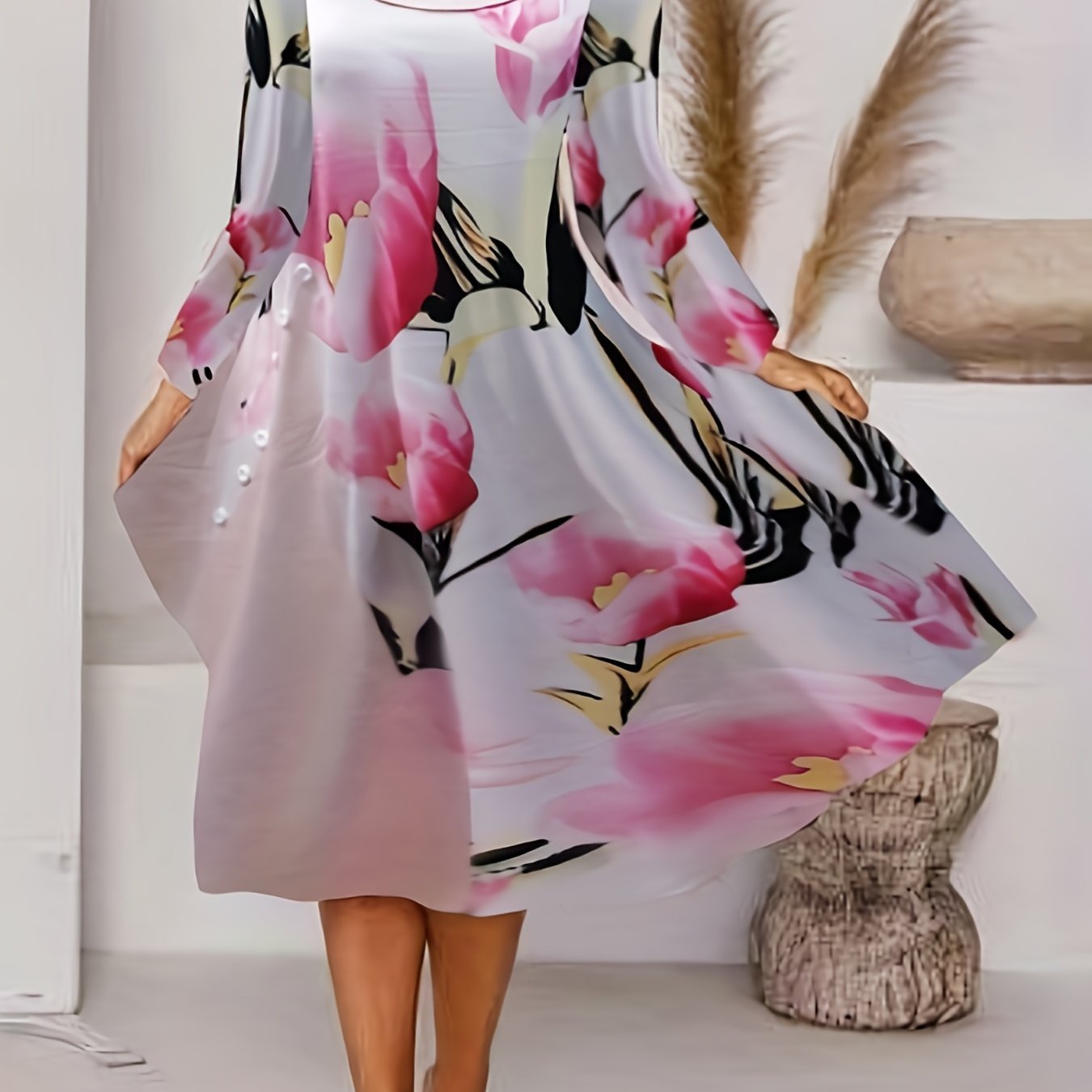  Women's Floral Print Long Sleeve Midi Dress