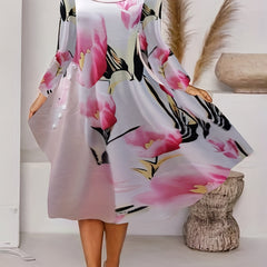  Women's Floral Print Long Sleeve Midi Dress