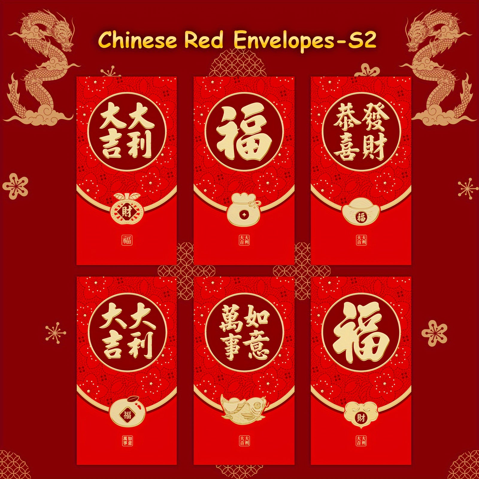 6pcs Red Envelopes 3D Embossing Year Packet For Wedding Birthday