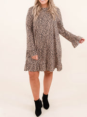  Leopard Print Flounce Sleeve Loose Fit Dress