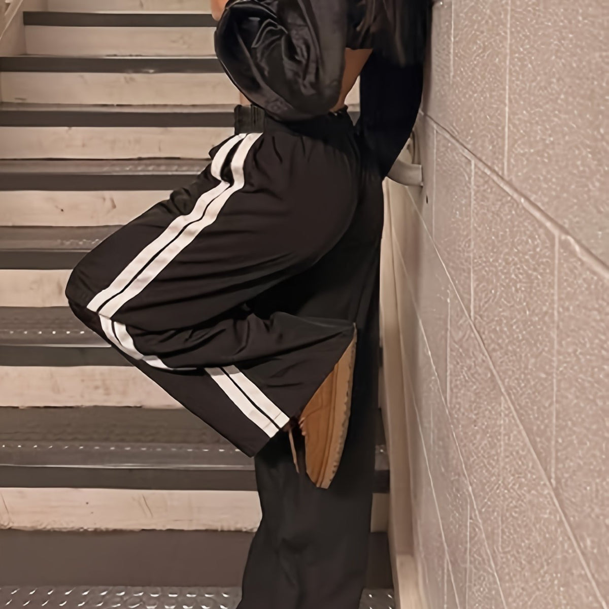 Block Stripes Side Loose Pants Elastic Waist Casual Running Pants