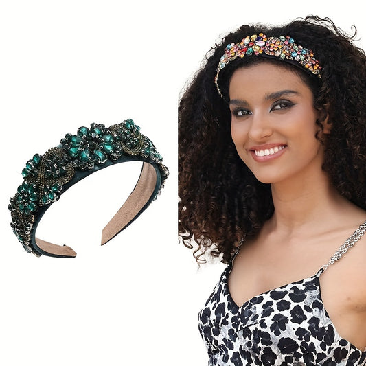 Crystal Vintage Headband Wide Brim Thicken Head Hoop Crystal Flower Hair Band