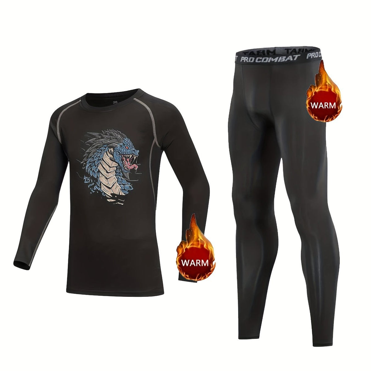 2pcs Kids Fleece Lined Compression Base Set Monster Print Long Sleeve & Leggings
