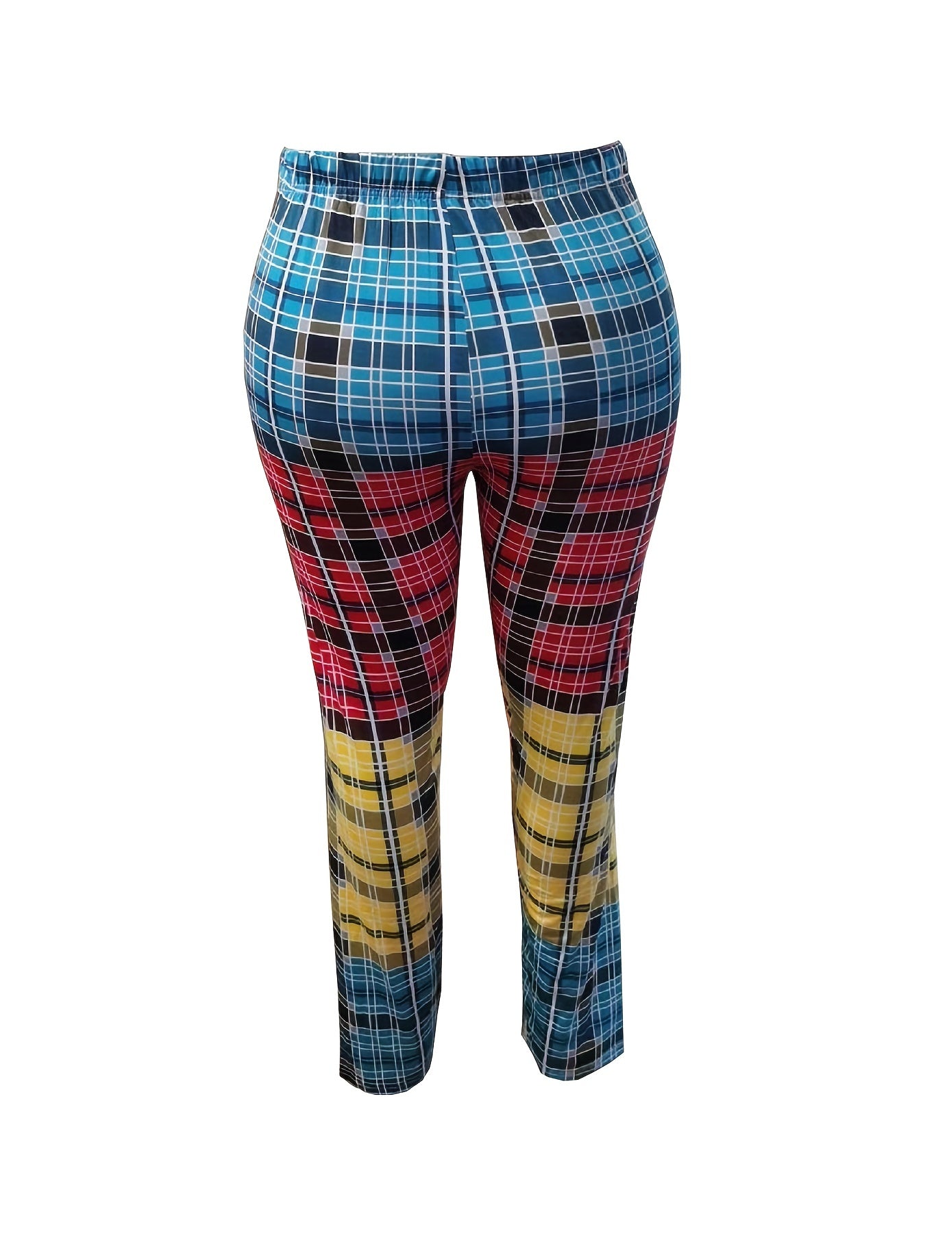  Colorblock Plaid Print Leggings Medium Stretch Elastic Waist