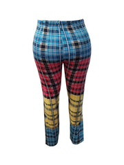  Colorblock Plaid Print Leggings Medium Stretch Elastic Waist