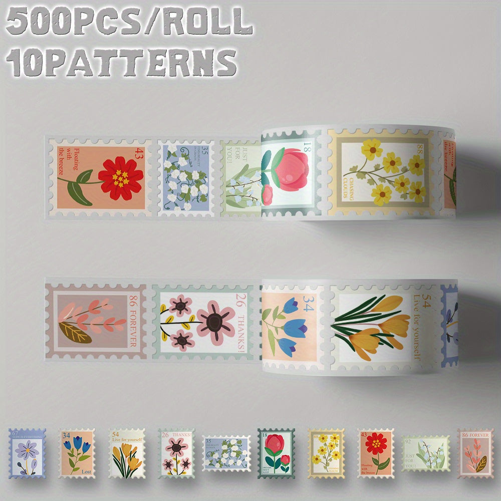 500pcs Floral Clip Art Sticker Roll 10 Patterns Flower Designs Party Decoration