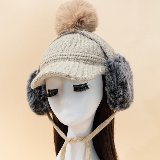 Beige Pompom Baseball Cap Winter Knit Hat With Earmuffs
