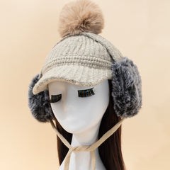 Beige Pompom Baseball Cap Winter Knit Hat With Earmuffs