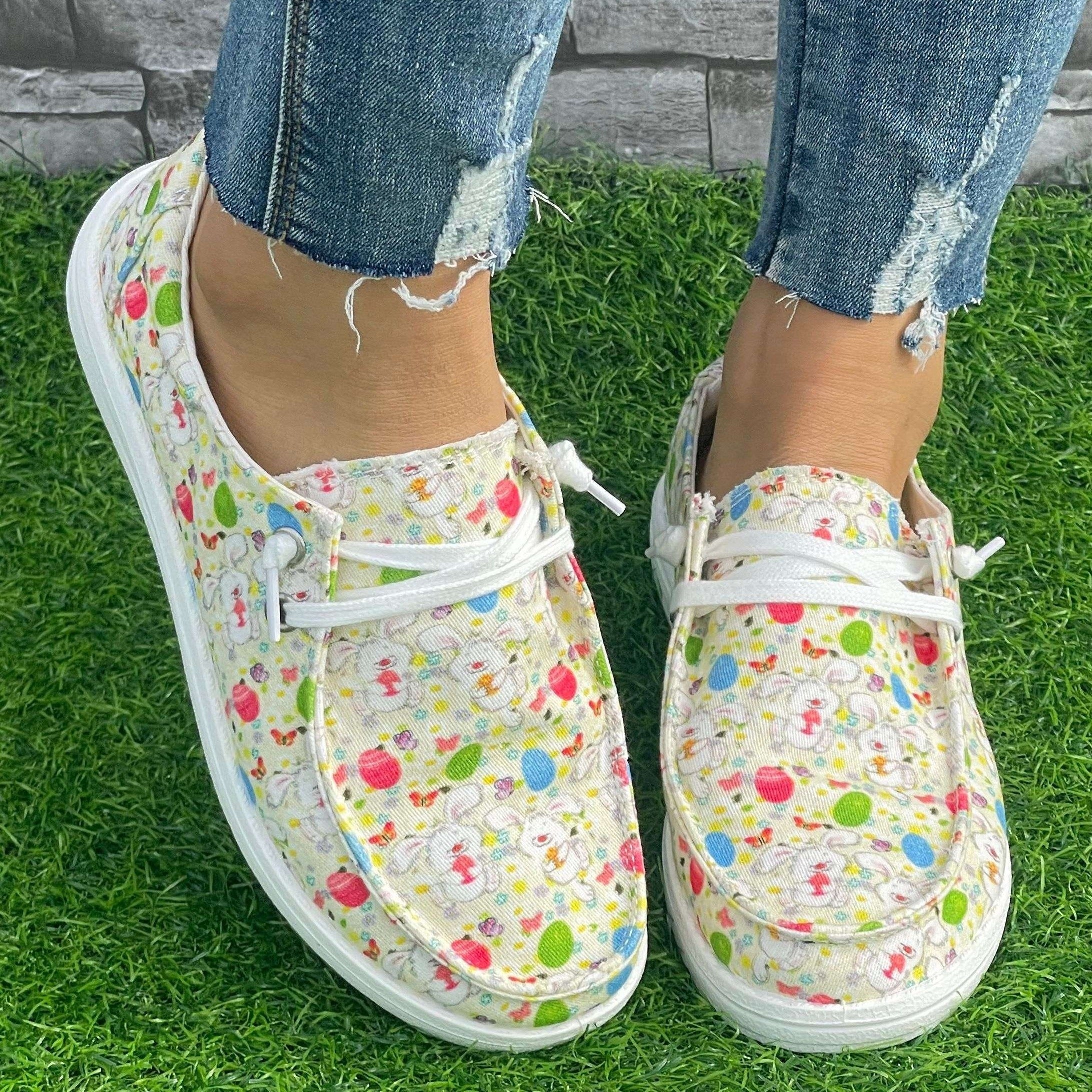 Colorful Rabbit Pattern Flat Shoes Women's Casual Lightweight Shoes