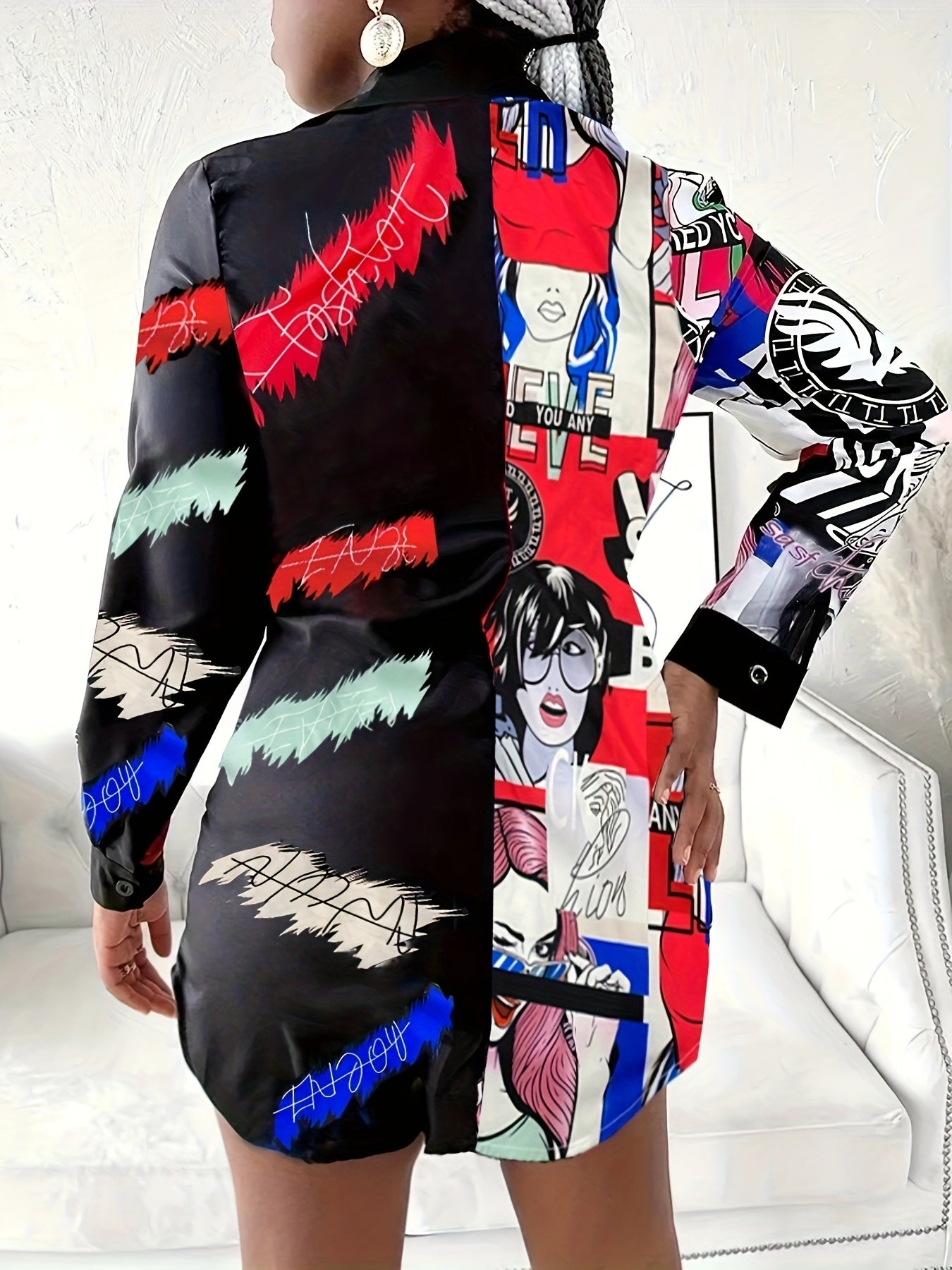  Pop Art Print Long Sleeve Button Up Shirt Top