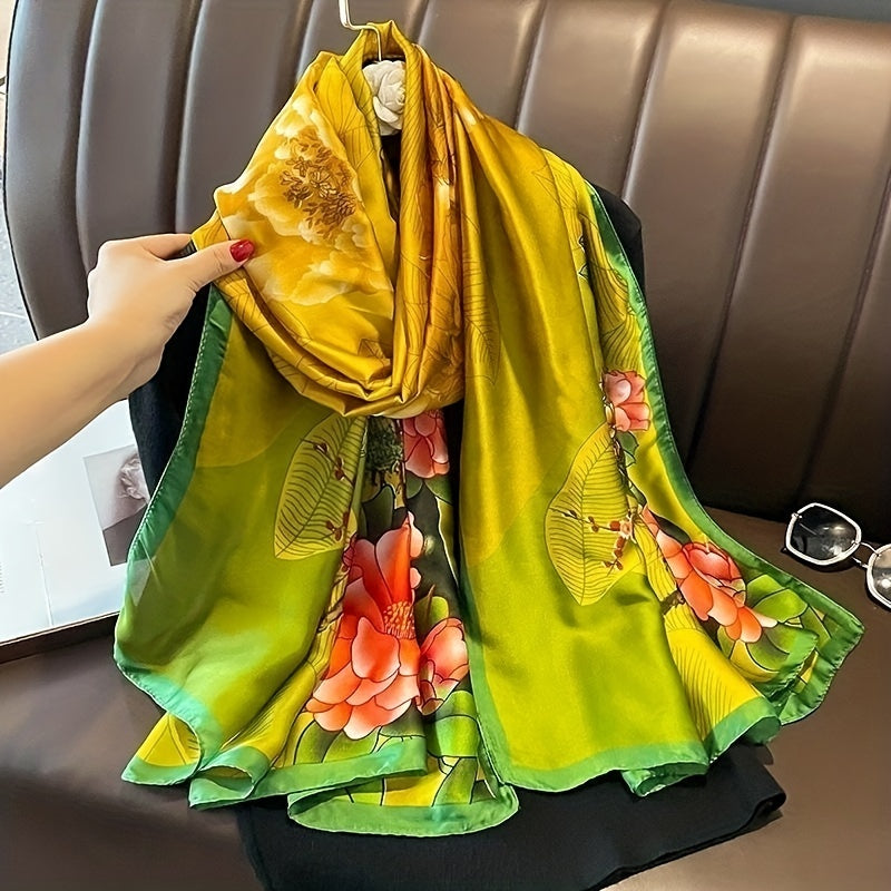 Vintage Peony Flower Print Scarf Classic Silk Shawl Women Head Wrap Satin Sunscr