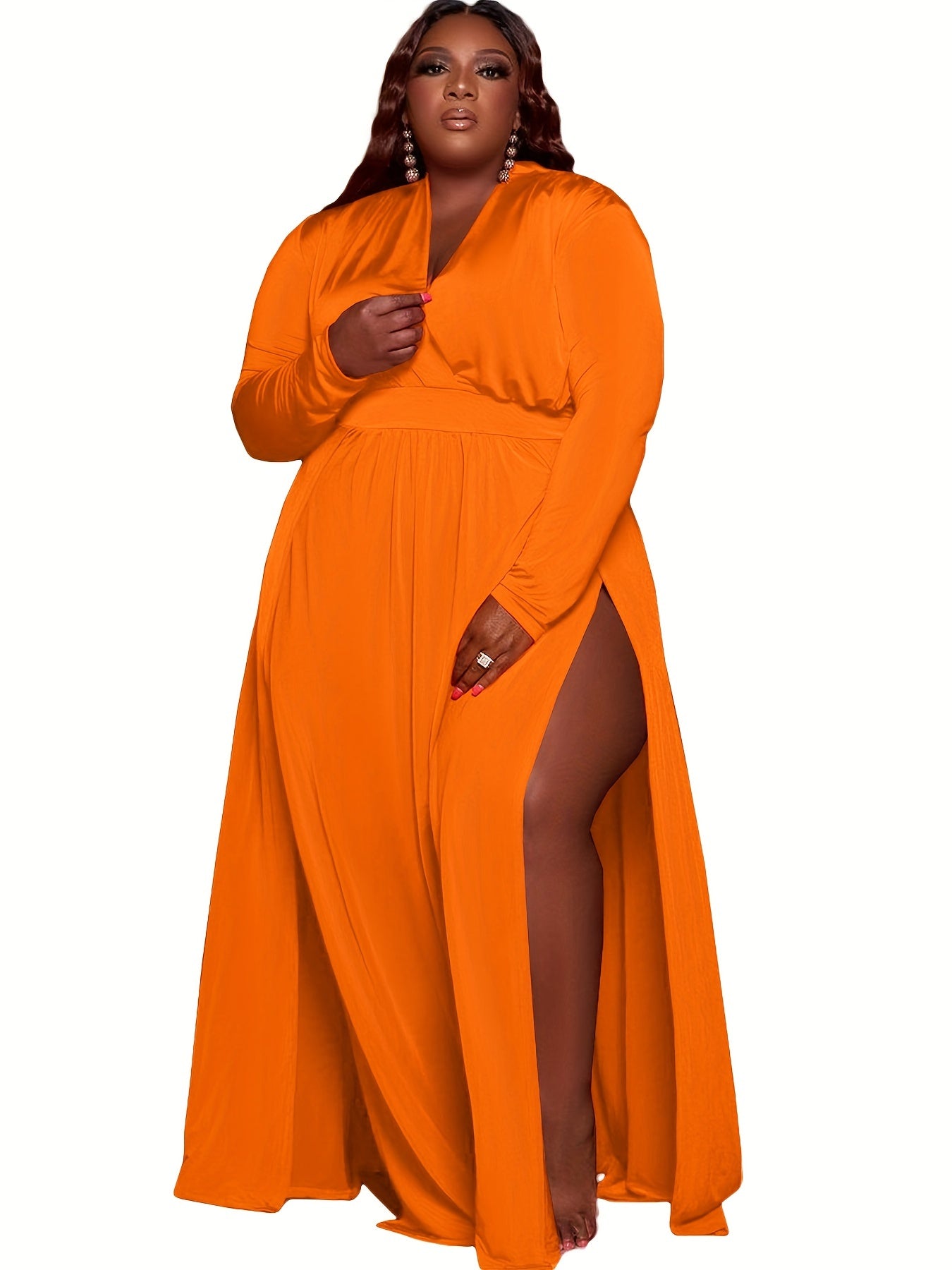  Sexy Long Sleeve Surplice Neck High Split Dress