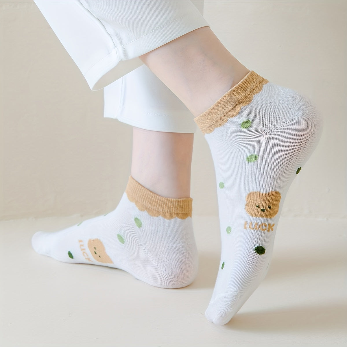 5 Pairs Bear & Plaid Print Socks Low Cut Crew Women's Stockings