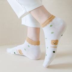 5 Pairs Bear & Plaid Print Socks Low Cut Crew Women's Stockings