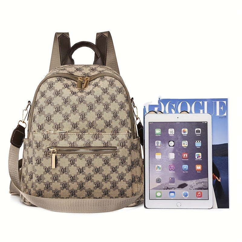 Vintage Geometric Print Backpack Retro PU Leather Daypack