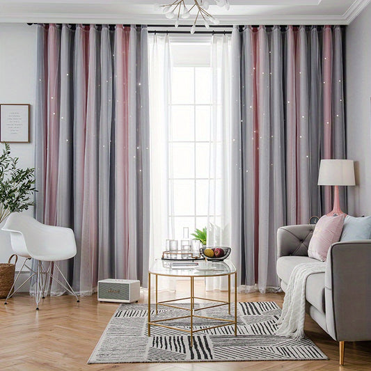 Romantic Double Striped Curtains Glow In Dark Stars for Living Room Bedroom