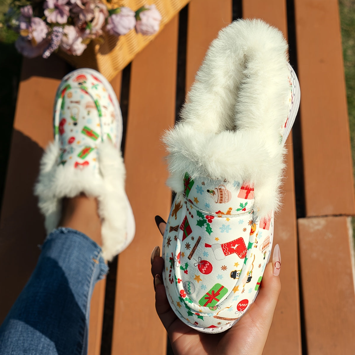 Women's Faux Fur Lined Winter Boat Shoes Christmas Pattern