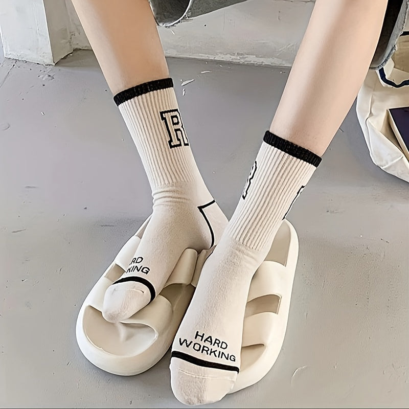 5 Pairs Letter Print Socks Comfy & Breathable Mid Tube Women's Stockings