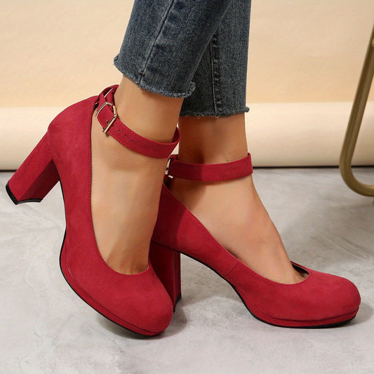 Red Block Heels Buckle Strap Pumps