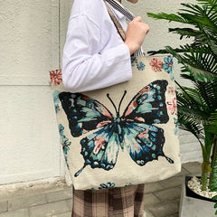 Butterfly Embroidery Tote Bag Ethnic Style Canvas Handbags Large Shoulder Bag