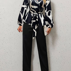 Graphic Print Long Sleeve Top & Straight Leg Pants Set