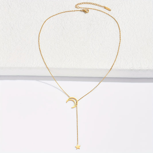 Stainless Steel Moon Star Pendant Necklace 14K Plated Neck Jewelry Gift
