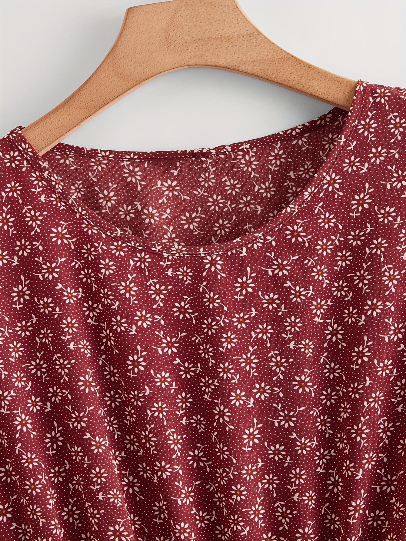  Boho Dress Ditsy Floral Print Ruffle Trim Smock Dress