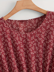  Boho Dress Ditsy Floral Print Ruffle Trim Smock Dress