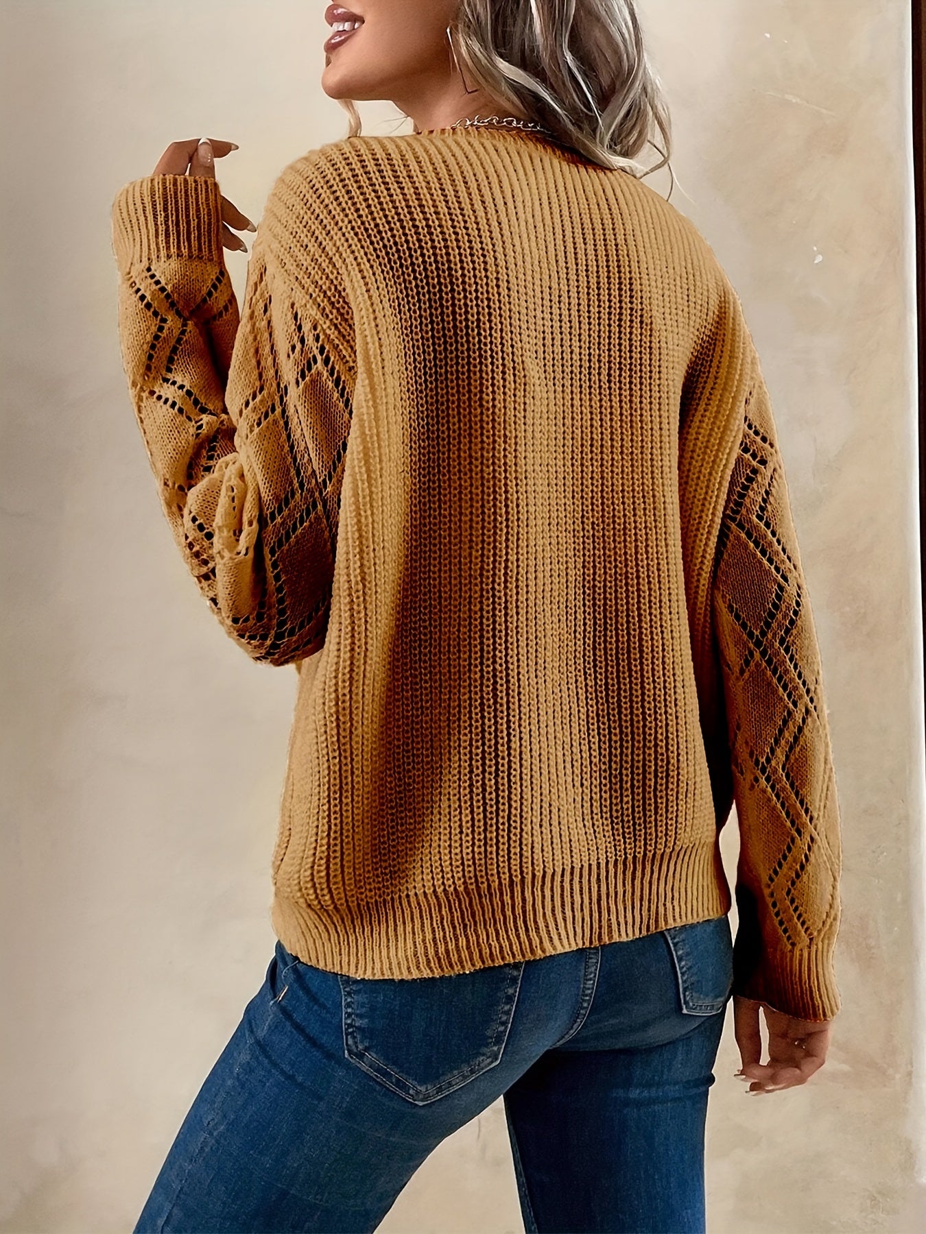 V Neck Guipure Lace Knit Sweater Long Sleeve Casual Top