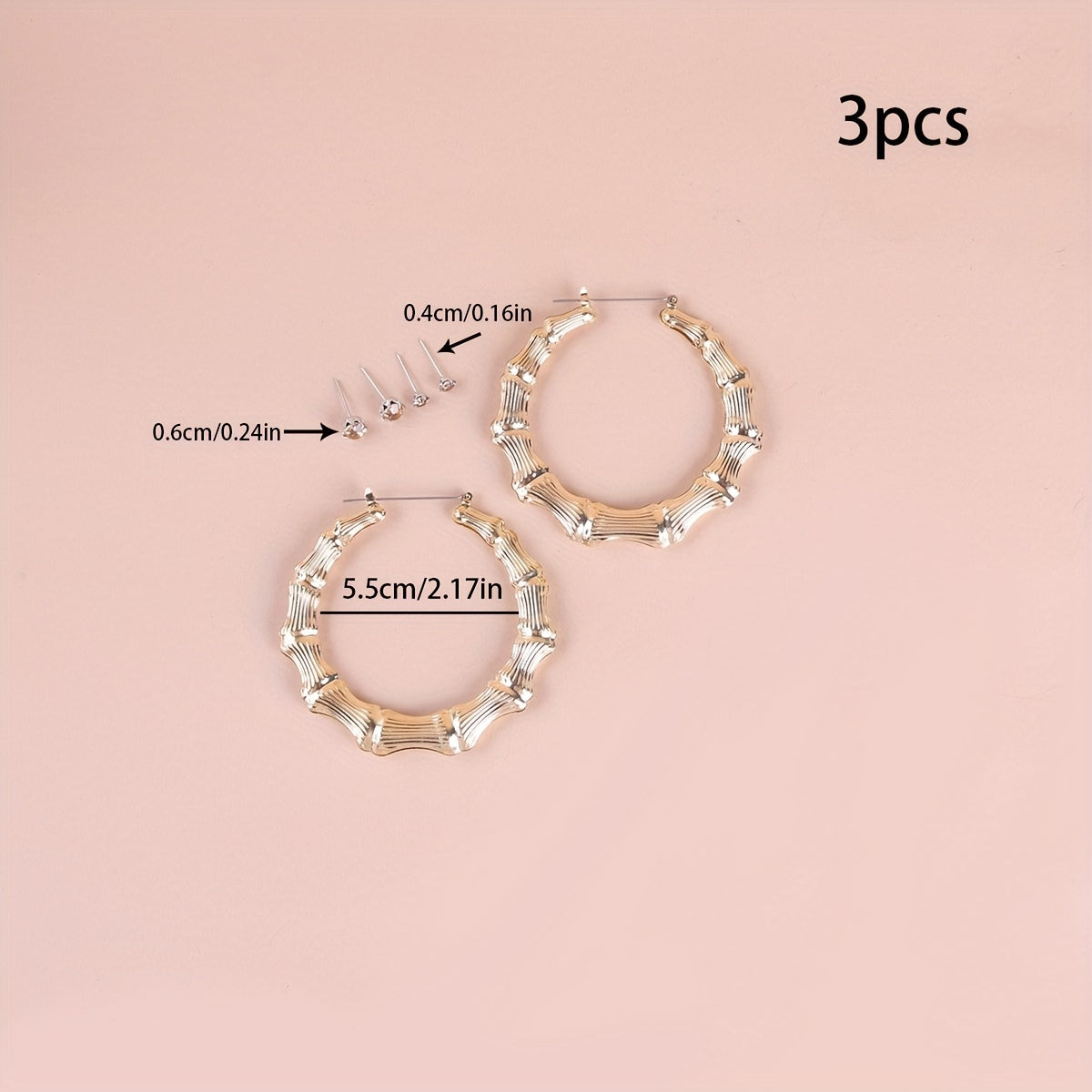 3 Pairs Punk Big Hoop & Rhinestone Stud Earrings Set
