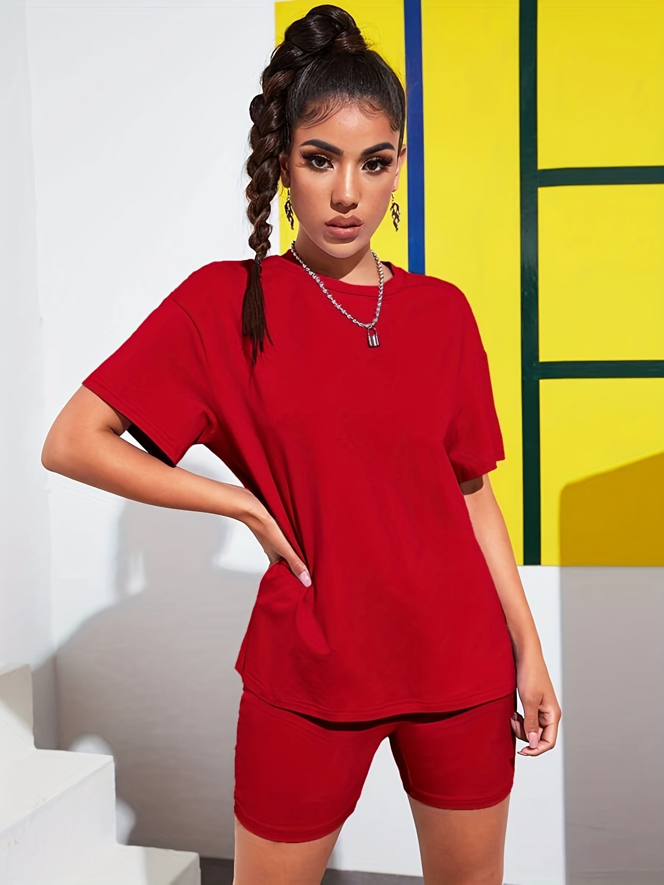 Casual Solid 2pc Set Short Sleeve T shirt & Skinny Shorts Outfit Women's