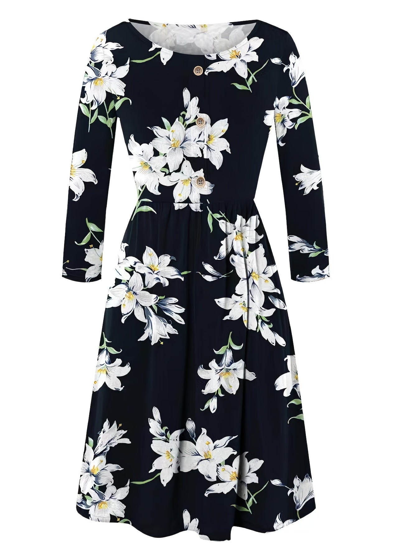  Floral Print Long Sleeve Midi Dress Women's Round Neck