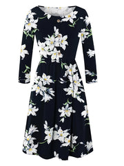  Floral Print Long Sleeve Midi Dress Women's Round Neck