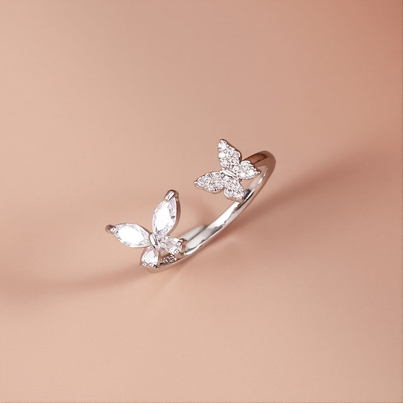 Butterfly Zircon Open Ring Adjustable Silver Plated Women Girls Decor