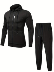 Men's Sports Suit Zip Hooded Jacket & Stretch Pants for Gym Workouts